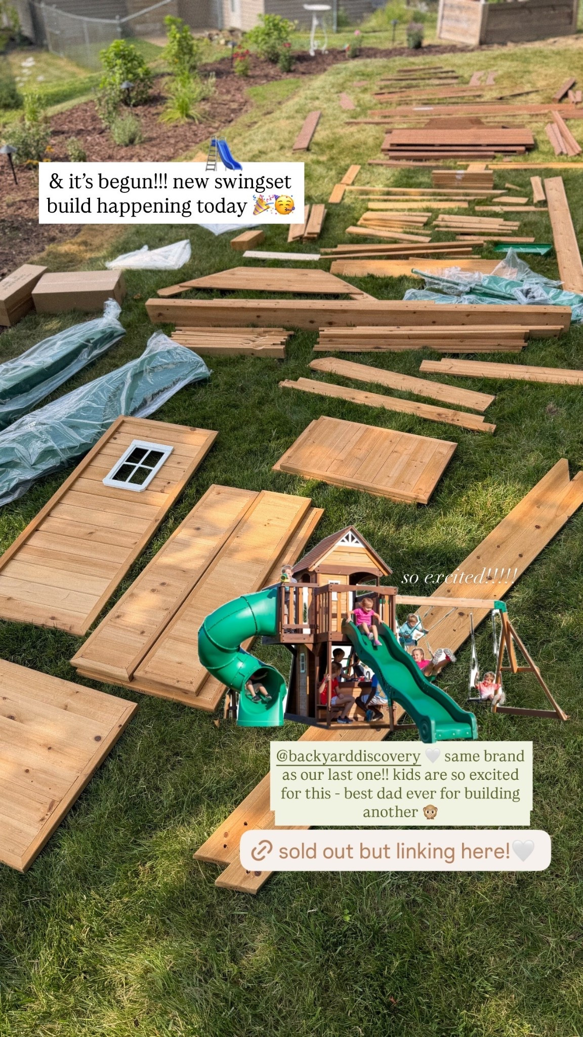 & it’s begun!!! new swingset build happening today 🎉🥳 @backyarddiscovery 🤍 same brand as our last one!! kids are so excited for this - best dad ever for building another 🙊 🛝 so excited!!!!!