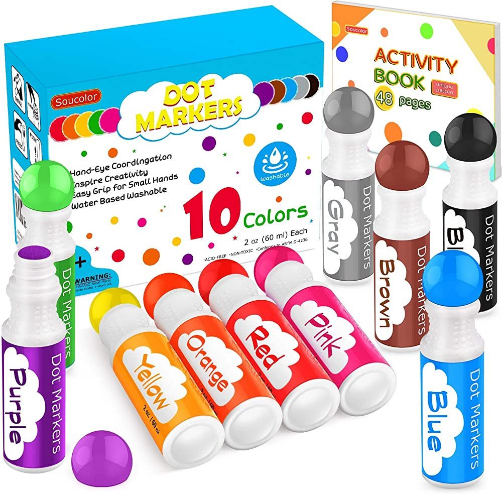 Soucolor Washable Dot Markers for Toddlers Kids Preschool, 10 Colors 2 oz Bingo Daubers Paint Marker | Amazon (US)