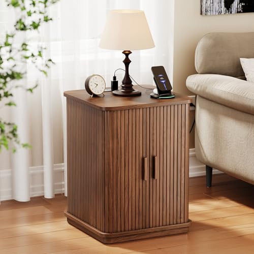 ONBRILL Square End Table with Storage & Charging Station, Fluted Accent Side Table with Sliding Door & Sturdy Pedestal, Mid-Century Modern Nightstand for Small Space, Living Room, Bedroom, Walnut | Amazon (US)