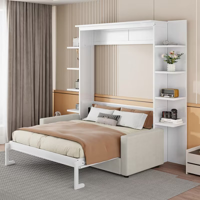 Queen Size Murphy Bed Wall Bed with 2-Seater Sofa, Side Storage shelves and Lights, White-ModernLuxe | Target