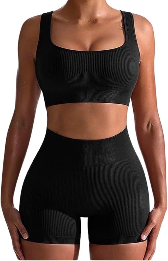 OQQ Workout Outfits for Women 2 Piece Seamless Ribbed High Waist Leggings with Sports Bra Exercis... | Amazon (US)