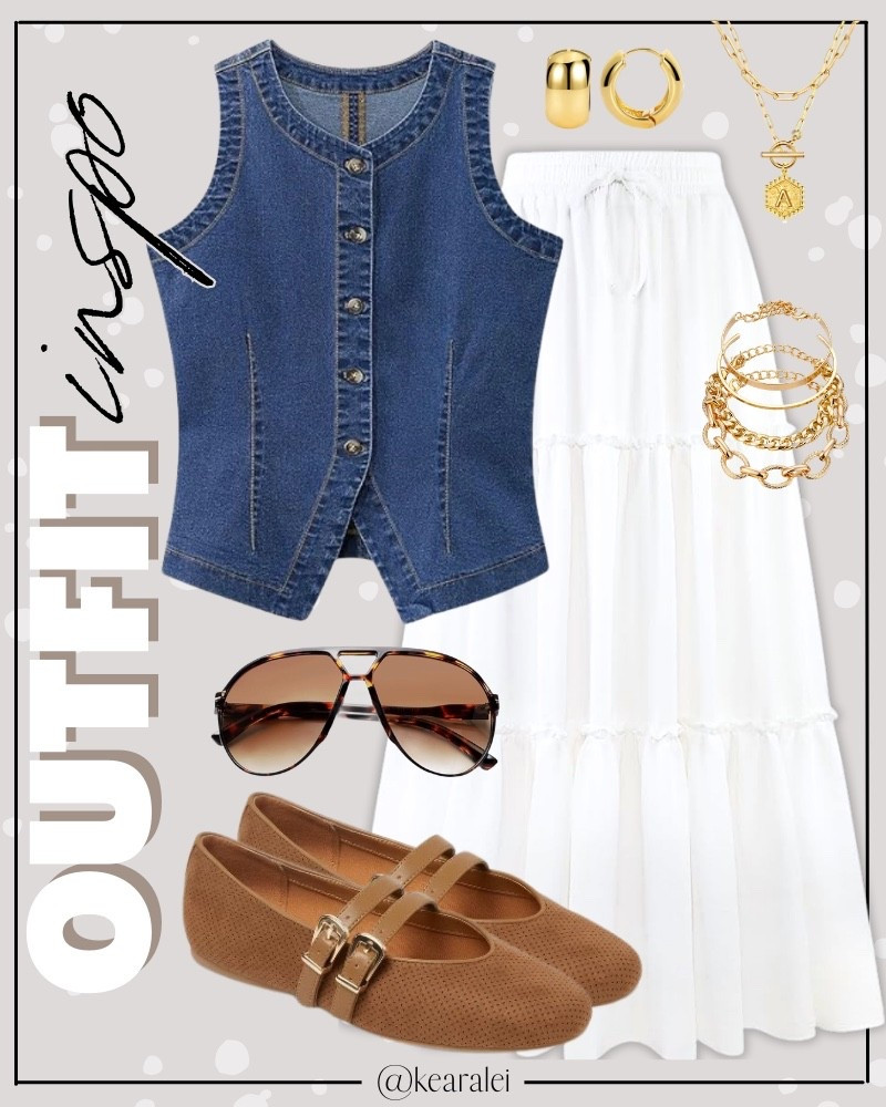 Spring outfits western outfit country concert outfit summer outfit Amazon fashion dark wash denim button up vest sleeveless Jean vest with white tiered ruffle midi skirt boho maxi skirt long cotton skirt with pockets camel tan brown suede mesh woven ballet flats brown aviator sunglasses and gold jewelry || #country #concert #spring #summer #nashville #boho #target #casual #teaching #outfit #outfits
.
.
.
Amazon fashion, teacher outfits, business casual, casual outfits, neutrals, street style, Midi skirt, Maxi Dress, Swimsuit, Bikini, Travel, skinny Jeans, Puffer Jackets, Concert Outfits, Cocktail Dresses, Sweater dress, Sweaters, cardigans Fleece Pullovers, hoodies, button-downs, Oversized Sweatshirts, Jeans, High Waisted Leggings, dresses, joggers, fall Fashion, winter fashion, leather jacket, Sherpa jackets, Deals, shacket, Plaid Shirt Jackets, lounge set, Date Night Outfits, Vacation outfits, Mom jeans, shorts, sunglasses,  Romper, jumpsuit, Airport outfits, biker shorts, Weekender bag, plus size fashion, Stanley cup tumbler, Work blazers, Work Wear, workwear

boots booties tall over the knee, ankle boots, Chelsea boots, combat boots, pointed toe, chunky sole, heel, high heels, sneakers, slip on shoes, Nike, adidas, vans, dr. marten’s, ugg slippers, golden goose, sandals, high heels, loafers, Birkenstock Birkenstocks, Steve Madden, Target, Abercrombie and fitch, Amazon, Shein, Nordstrom, H&M, forever 21, forever21, Walmart, asos, Nordstrom rack, Nike, adidas, Vans, Quay, Tarte, Sephora, lululemon, free people, j crew jcrew factory, old navy


#LTKSaleAlert #LTKSeasonal #LTKootd