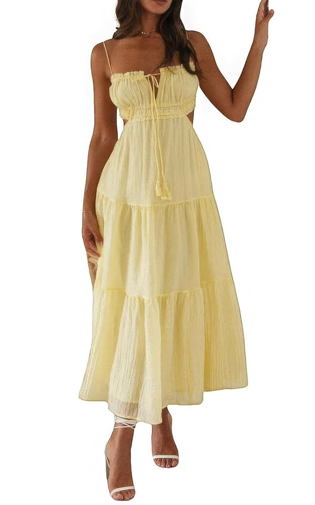 ebossy Women's Cut Out Ruffled Long Boho Dress Sexy Spaghetti Straps Open Back Flowy Sundress | Amazon (US)