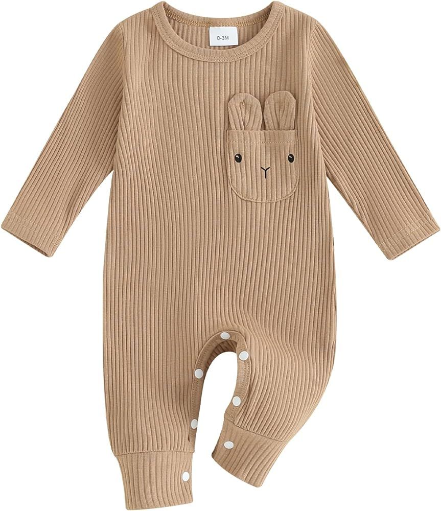 Amiblvowa Newborn Baby Boy Easter Outfit Knit Ribbed Bunny Rabbit Skin Ear Pocket Romper Jumpsuit... | Amazon (US)