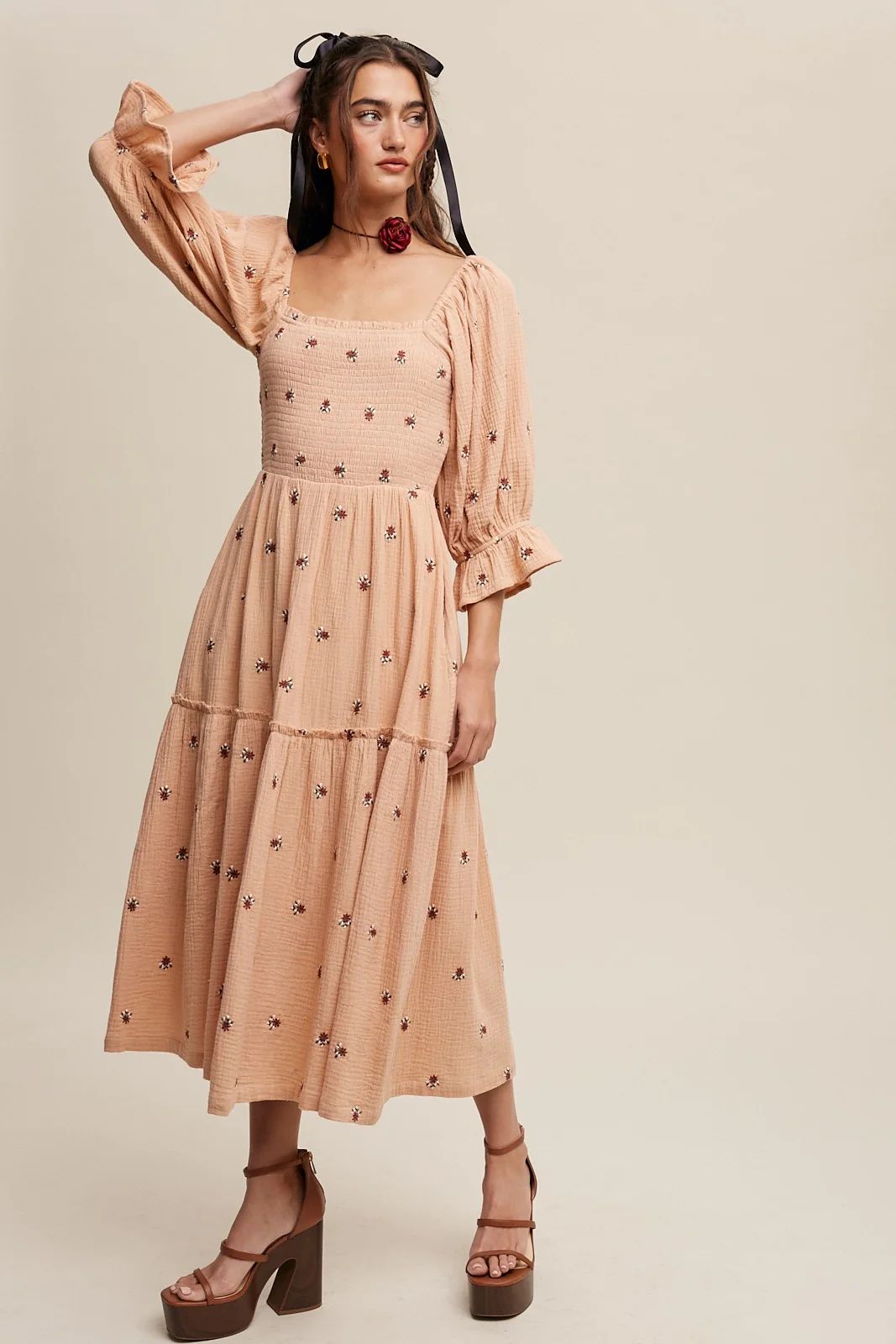 Blush Ditzy Floral Embroidery Puff Sleeve Maxi Dress | PinkBlush Maternity