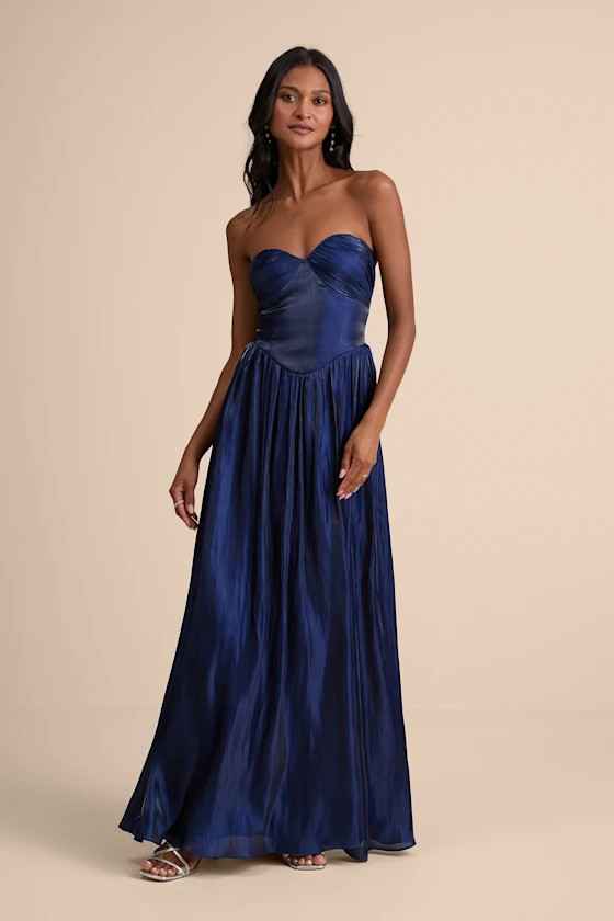 Kylin Navy Satin Basque Waist Maxi Dress | Lulus