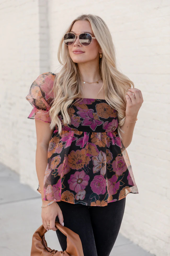 Something Beautiful Black Floral Print Tulle Blouse | Pink Lily