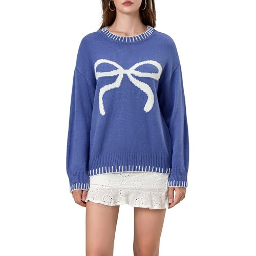 Fabumily Women Bow Sweater Y2k Crewneck Long Sleeve Knitted Pullover Teen Girls Oversized Sweaters Cute Fall Tops (Blue, M) | Amazon (US)