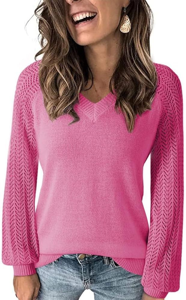 Dokotoo Women's Casual V-Neck Long Sleeve Sweaters Solid Color Pullover Knit Sweater Jumper Tops | Amazon (US)