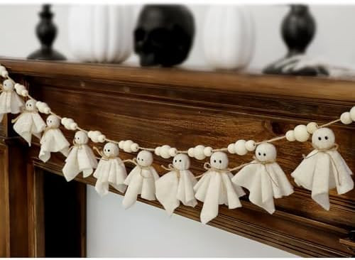 Ghost Halloween Garland: 1pc White Ghost Halloween Party Banner with Wood Beads, Cute Ghosts Hall... | Amazon (US)
