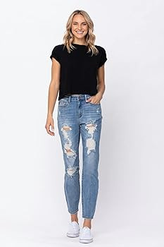 Judy Blue Women's High Waist Distressed Slim Boyfriend Jeans | Amazon (US)