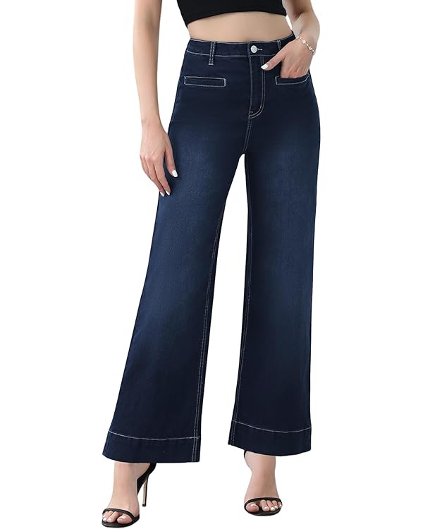 Genleck Ankle Wide Leg Jeans for Women High Waisted Boyfriend Stretchy Straight Trousers Pants wi... | Amazon (US)