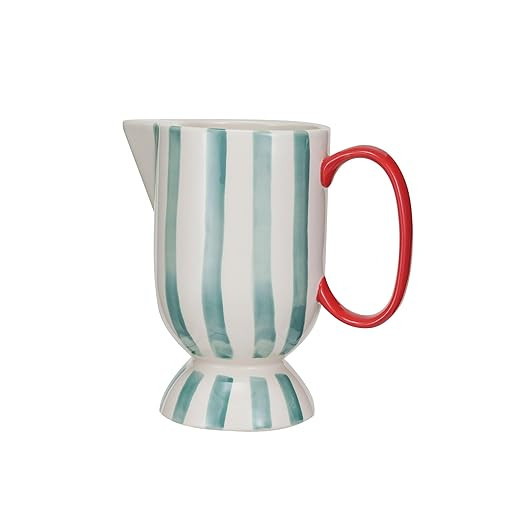 Creative Co-Op 1 Quart Hand-Painted Stoneware Footed Pitcher with Stripes, Red, Aqua and Cream Co... | Amazon (US)