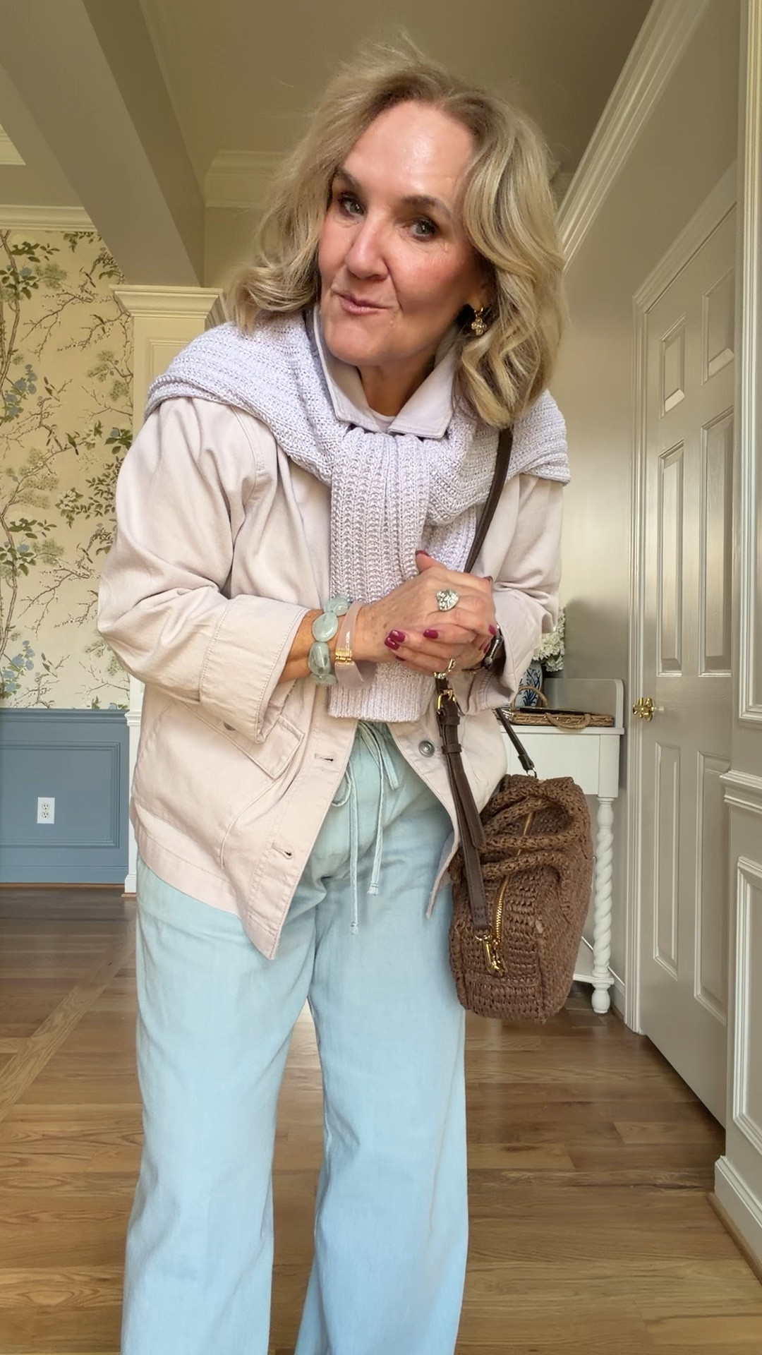 Loft jacket size medium petite 
Sweater size medium 
Striped tee rise medium 
Chambray pants size medium 
Target accessories 

#LTKOver40 #LTKSeasonal #LTKSaleAlert