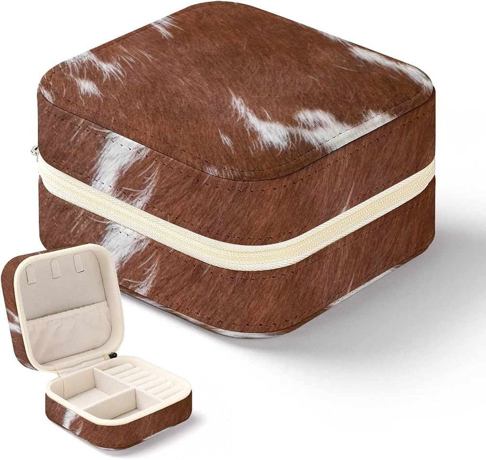 Brown And White Cowhide Mini Jewelry Travel Case Portable Jewelry Box Jewelry Storage Organizer G... | Amazon (US)