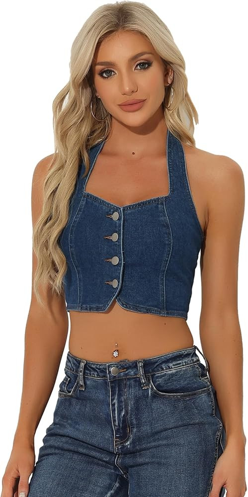 Allegra K Denim Crop Top for Women's Casual Sleeveless Button Front Halter Backless Jean Tank Top | Amazon (US)