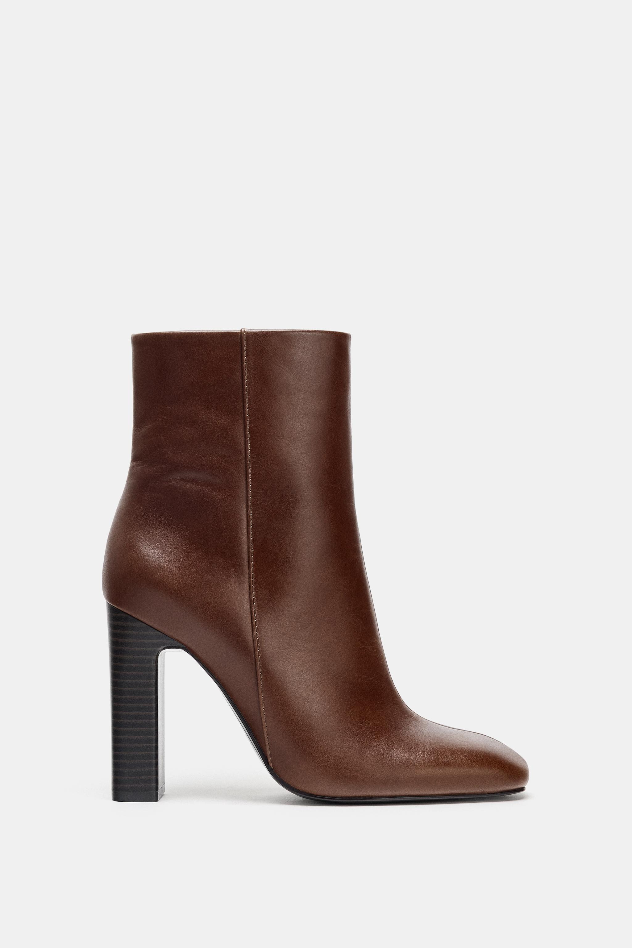 LEATHER WIDE HEEL ANKLE BOOTS | Zara US