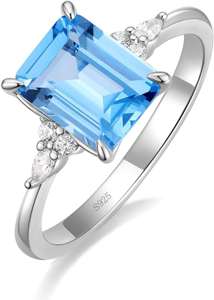 925 Sterling Silver Engagement Rings for Women Created Blue Aquamarine Emerald Round Cut Solitair... | Amazon (US)