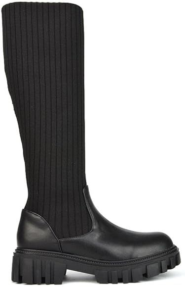 Womens Knit Knee High Boots Ladies Chunky Grip Sole Winter Sock Biker Size 3-8 | Amazon (UK)