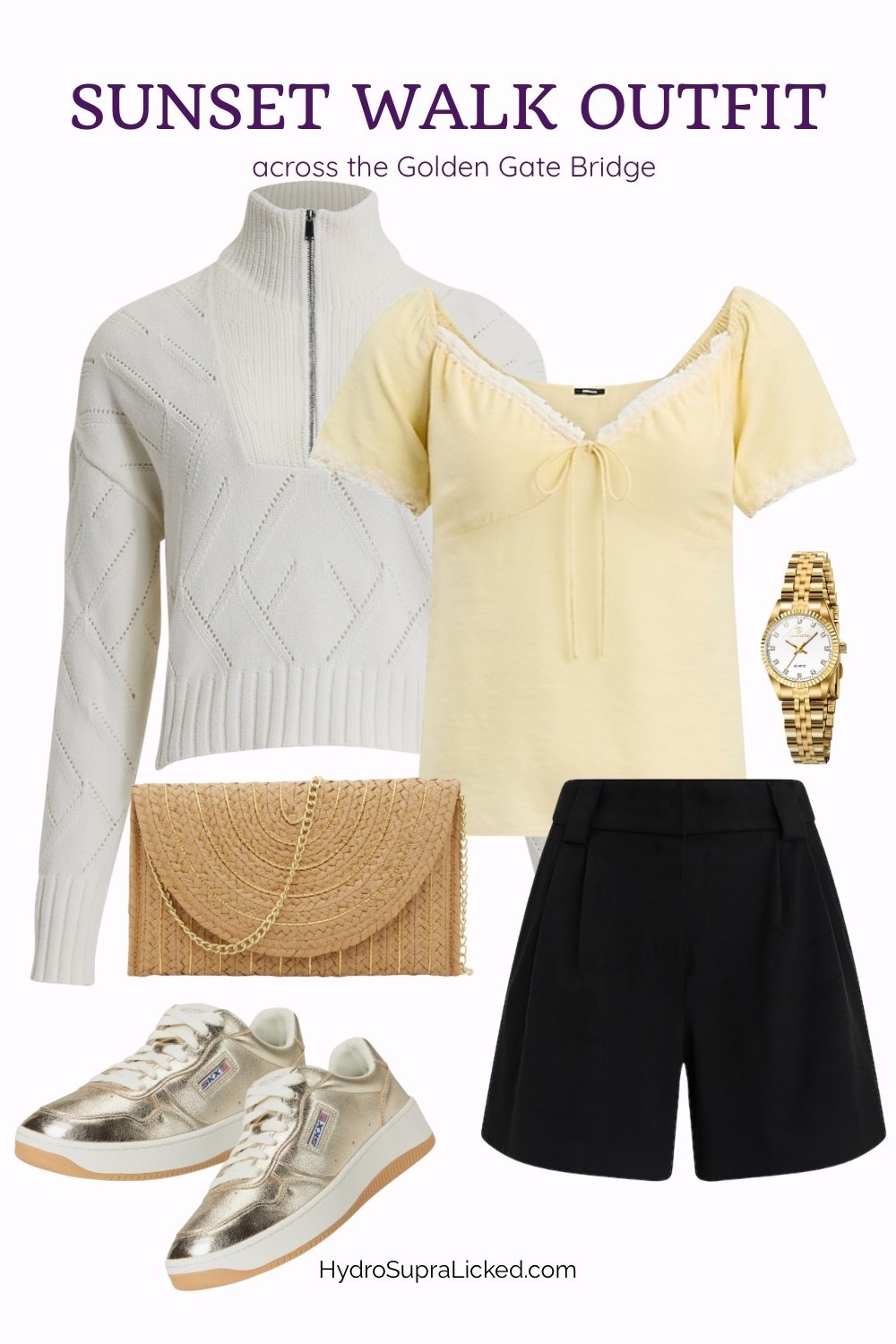 Fun outfit to visit the Golden Gate bridge! Stay warm with the pull over as it the wind is strong. Wear shorts as it gets sunny in the afternoon. Gold sneakers are excellent to walk in. 

#LTKTravel #LTKShoeCrush #LTKItBag