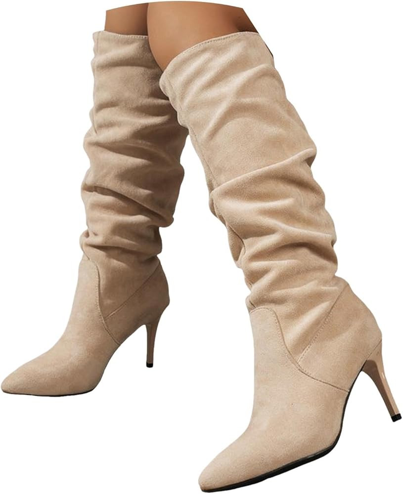 TUQIDEWU Leather Boots for Women SexyKnee High Boots for Women Winter 2024 Round Toe High Heel So... | Amazon (US)