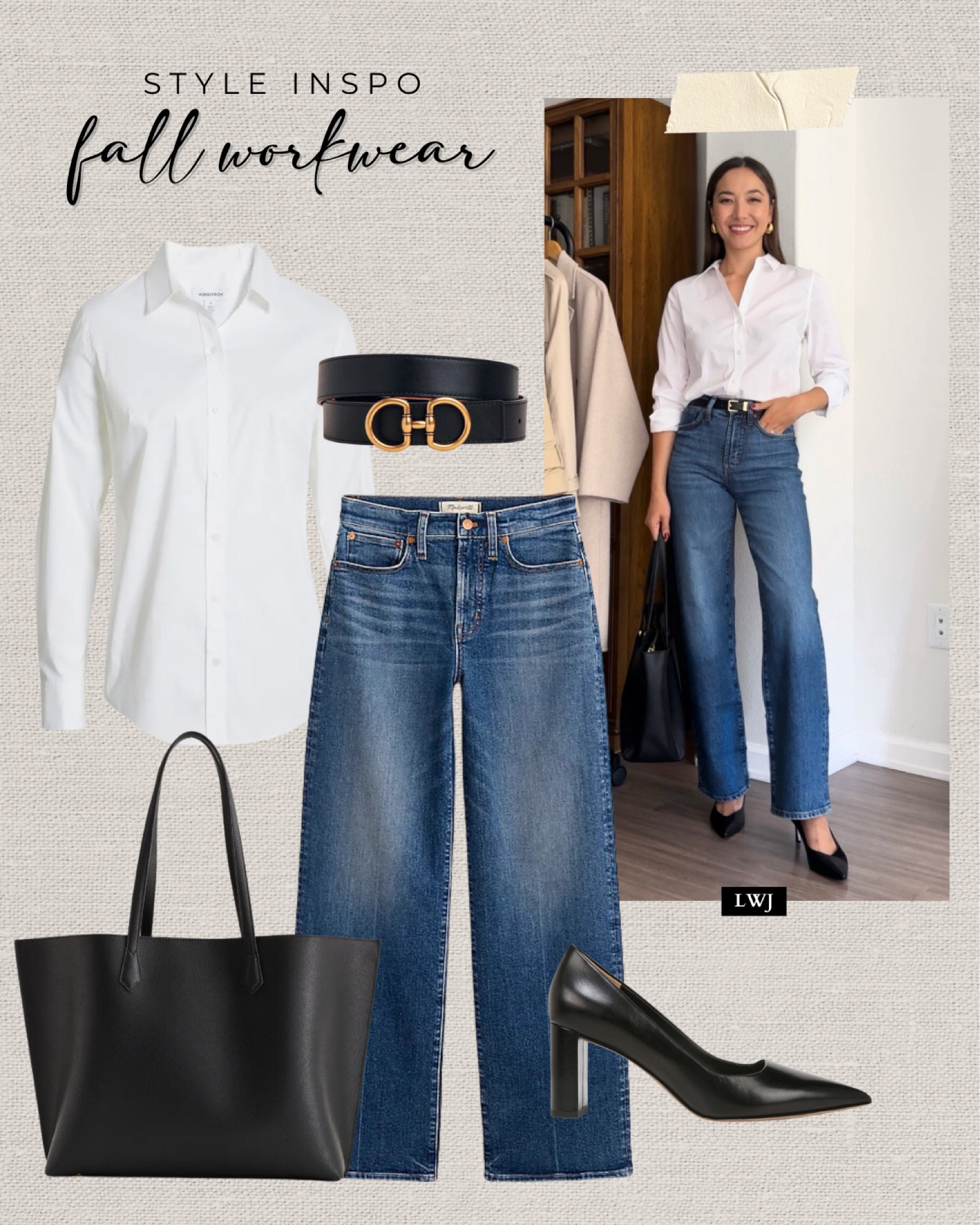 Style inspo: fall workwear 

White button up / dark blue wide leg jeans / black belt / black leather work tote / black heels / fall workwear / fall style / classic style / office outfit 

#LTKStyleTip #LTKSeasonal #LTKWorkwear