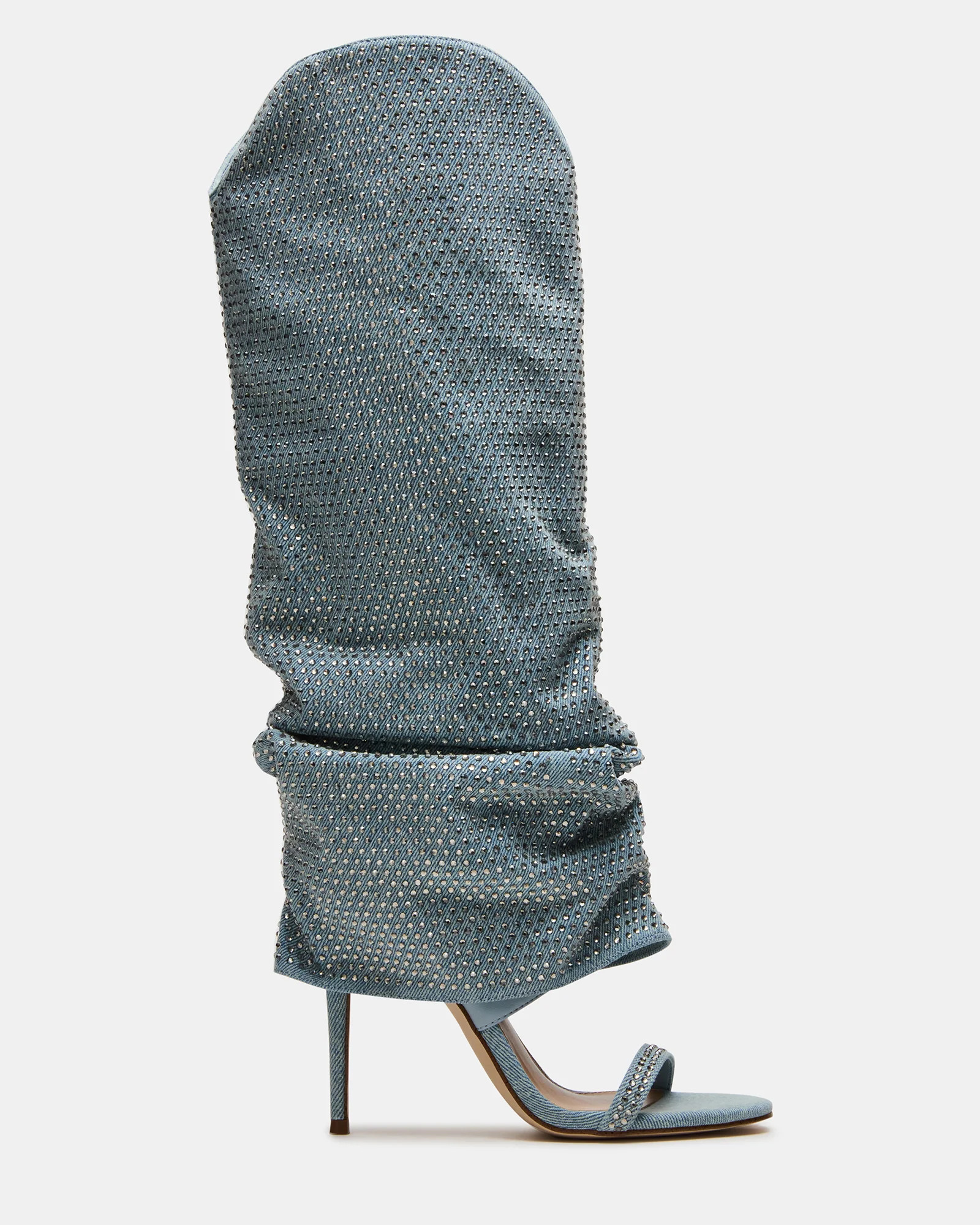 RAVINE Denim Rhinestones Knee-High Cuffed Stiletto Heel Women's Boot | Steve Madden (US)