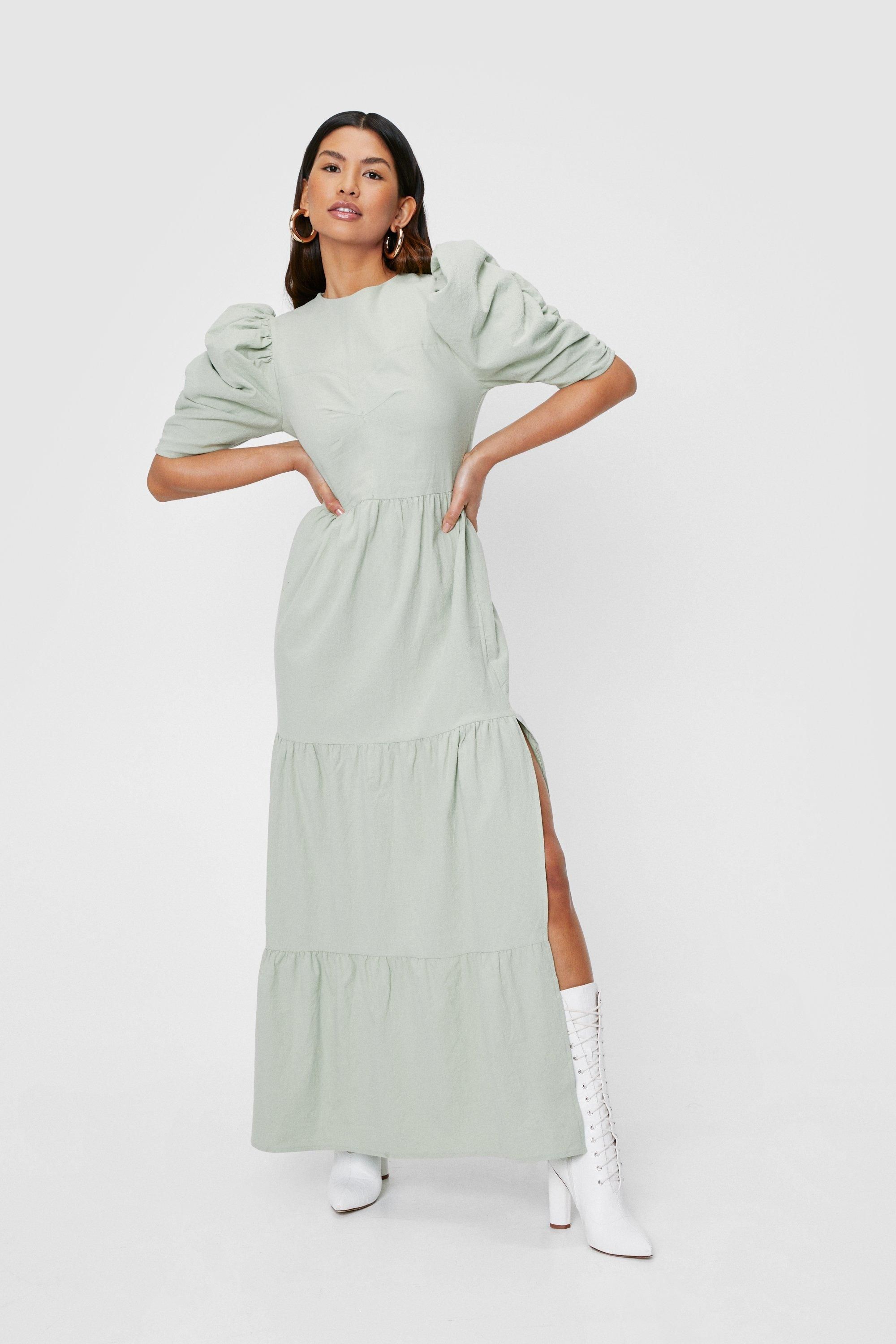Linen Look Puff Sleeve Tiered Maxi Dress | Nasty Gal (US)