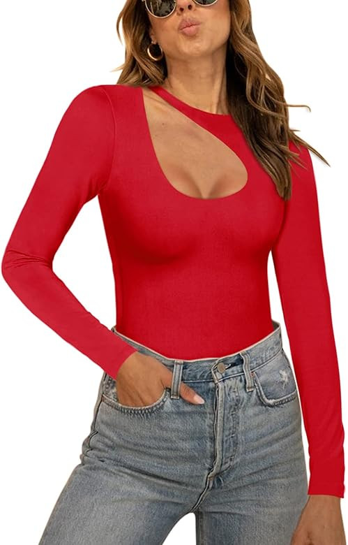 REORIA Women's Sexy Cutout Double Lined Long Sleeve T Shirts Going Out Bodysuits Tops Jumpsuit | Amazon (US)