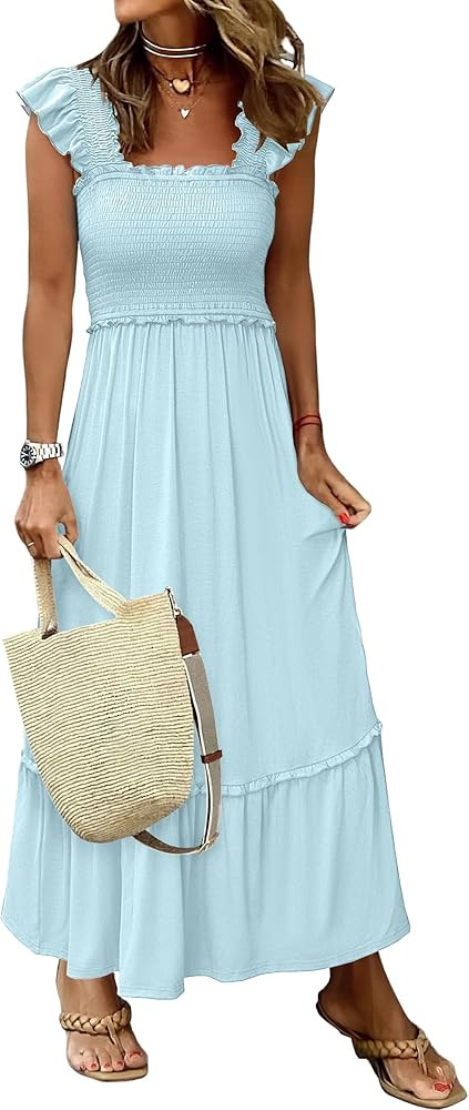 ANRABESS Womens Summer Sleeveless Maxi Dress Square Neck Smocked Boho Casual Ruffle Strap Flowy A... | Amazon (US)
