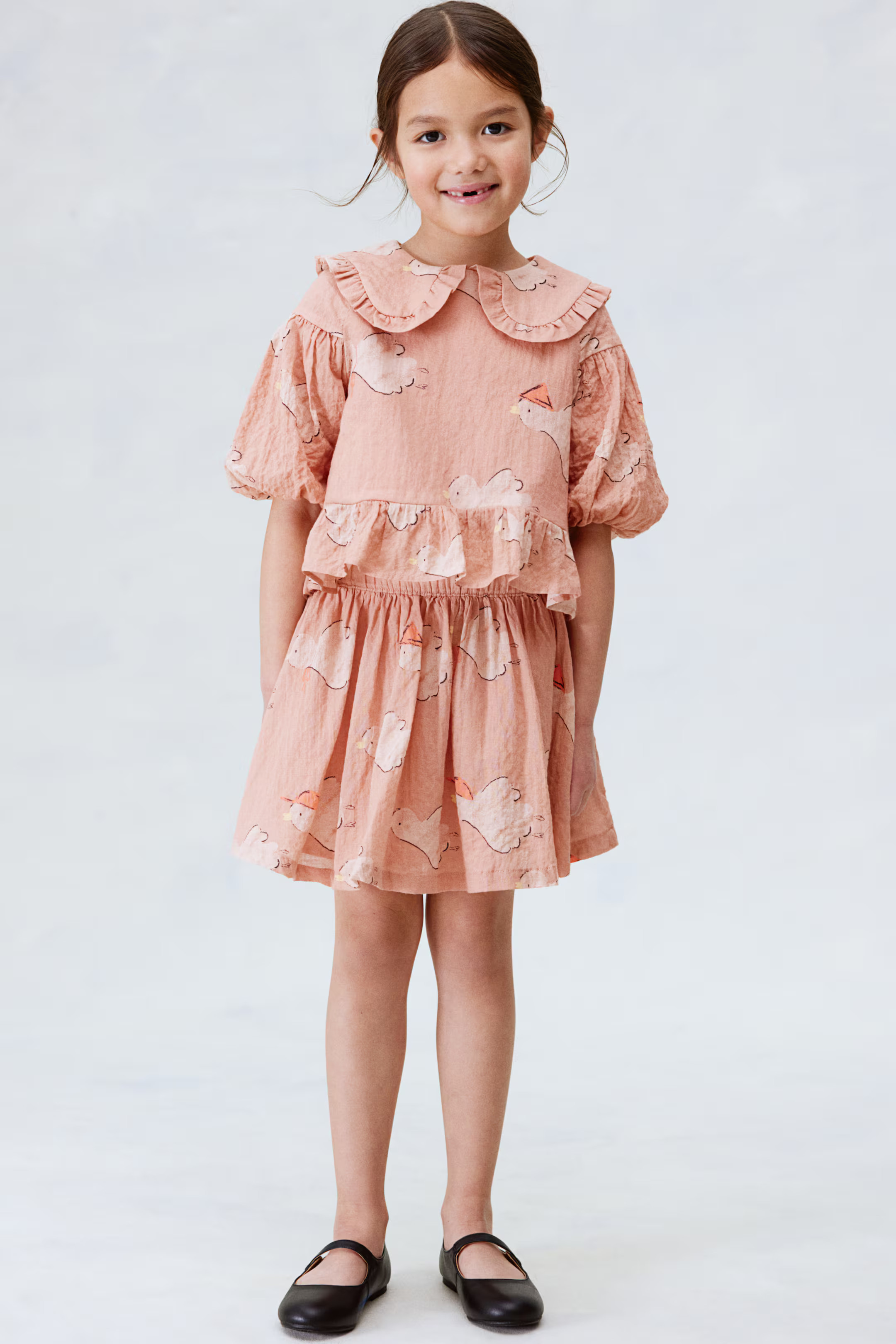Puff-Sleeve Seersucker Blouse - Dark peach/birds - Kids | H&M US | H&M (US + CA)