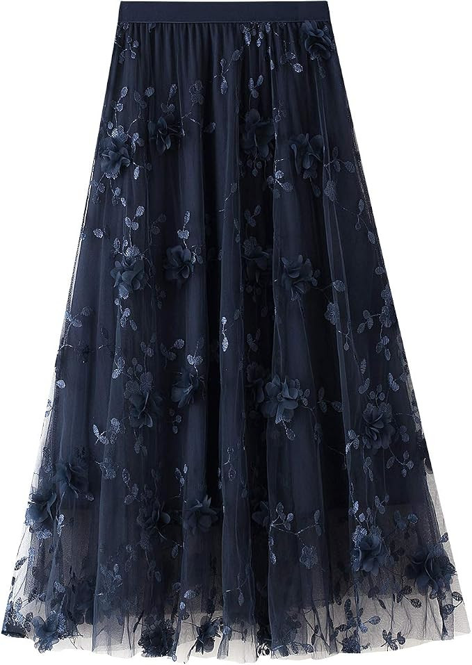 Women Tutu Tulle Skirt Elastic High Waist Layered Skirt Floral Print Mesh A-Line Midi Skirt | Amazon (US)