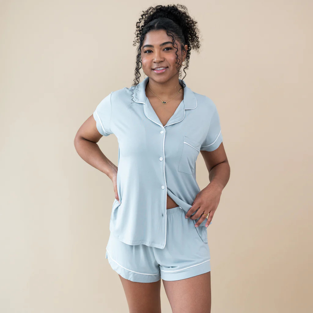 Women’s Short Sleeve Pajama Set in Fog with Cloud Trim | Kyte BABY