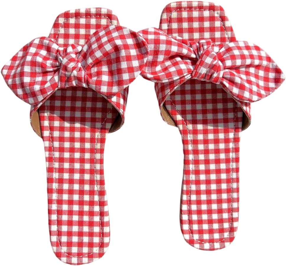 Verdusa Women's Gingham Y2K Plaid Bow Sandals Summer Vacation Leather Flat Sandals | Amazon (US)