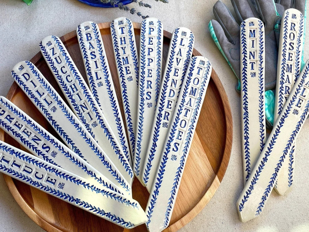Blue and White Large Garden Plant Markers, Oversized Ceramic Plant Tags, Gardening Gift - Etsy | Etsy (US)