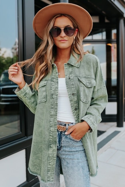 Frayed Vintage Wash Olive Shacket | Magnolia Boutique