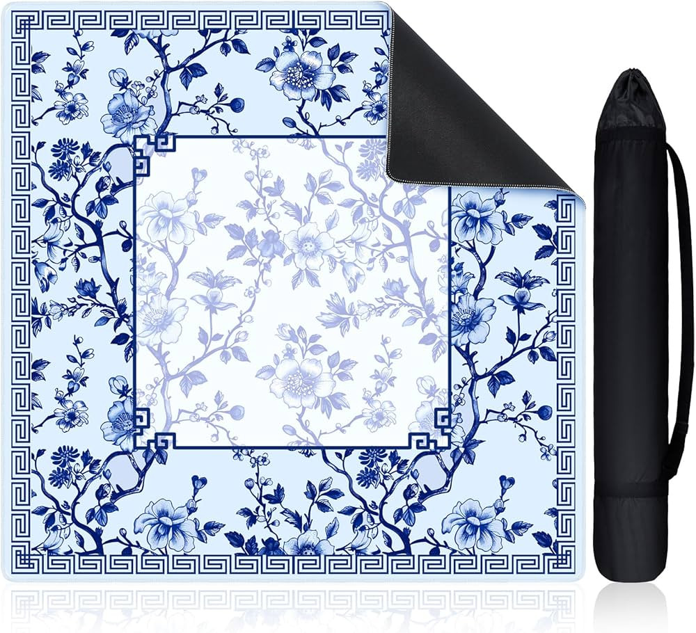 Chinoiserie Mahjong Mat with 1 Carrying Bag 31.5" x 31.5" Blue and White Rubber Anti Slip and Noi... | Amazon (US)