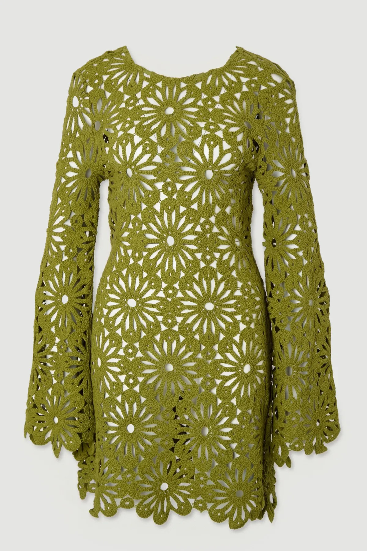 Khaki Floral Crochet Woven Beach Mini Dress | Karen Millen | Karen Millen