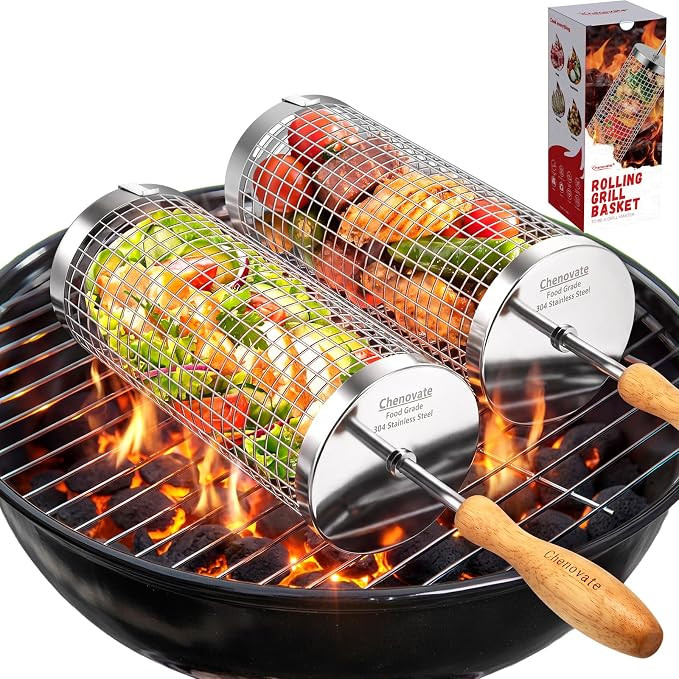 Chenovate® Rolling Grill Baskets,Gifts for Men,Removable Wooden Handle,304 Stainless Steel,Grill... | Amazon (US)