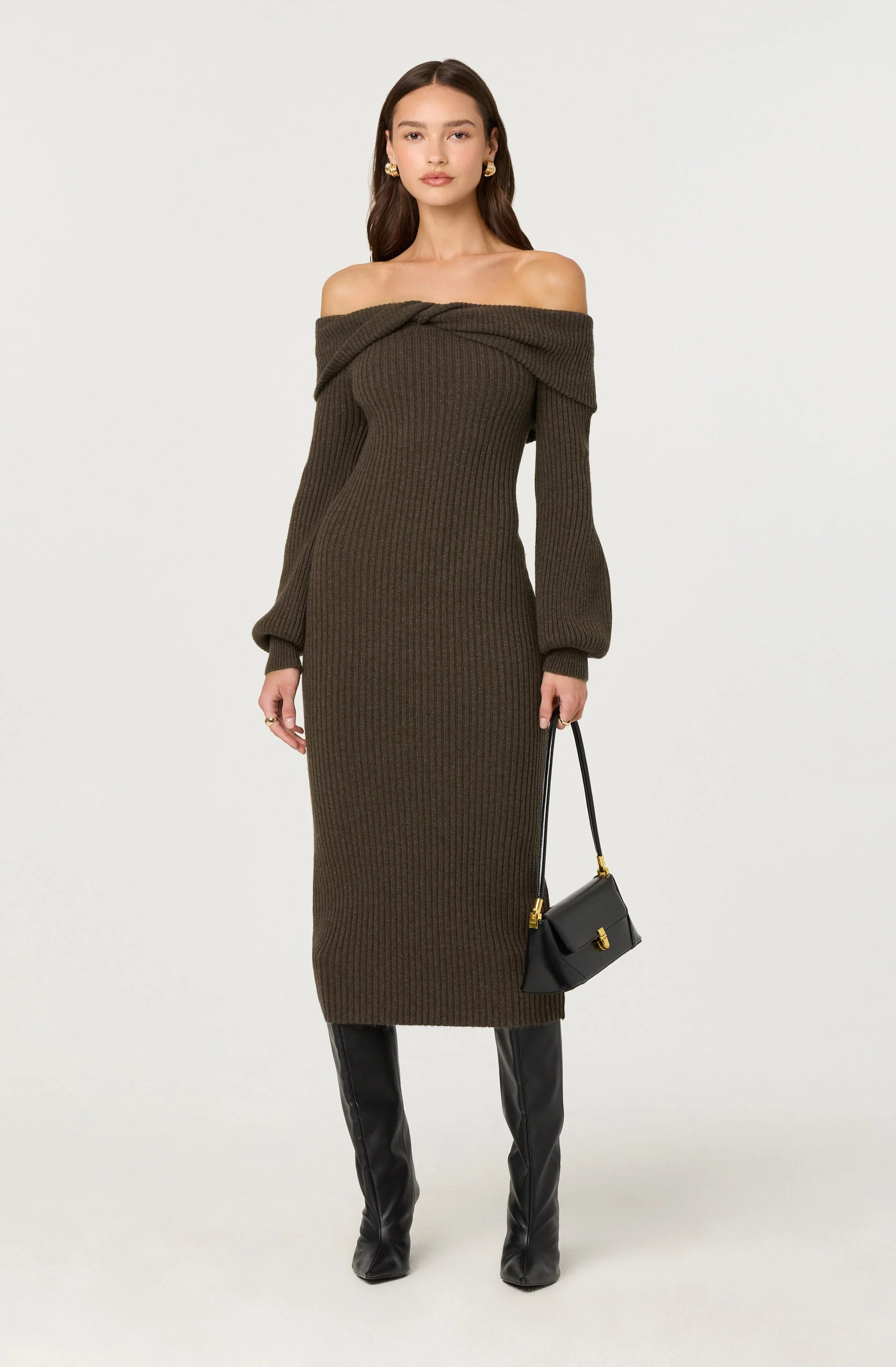 Tilde Off Shoulder Midi Sweater Dress - Walnut / XS | ASTR The Label (US)