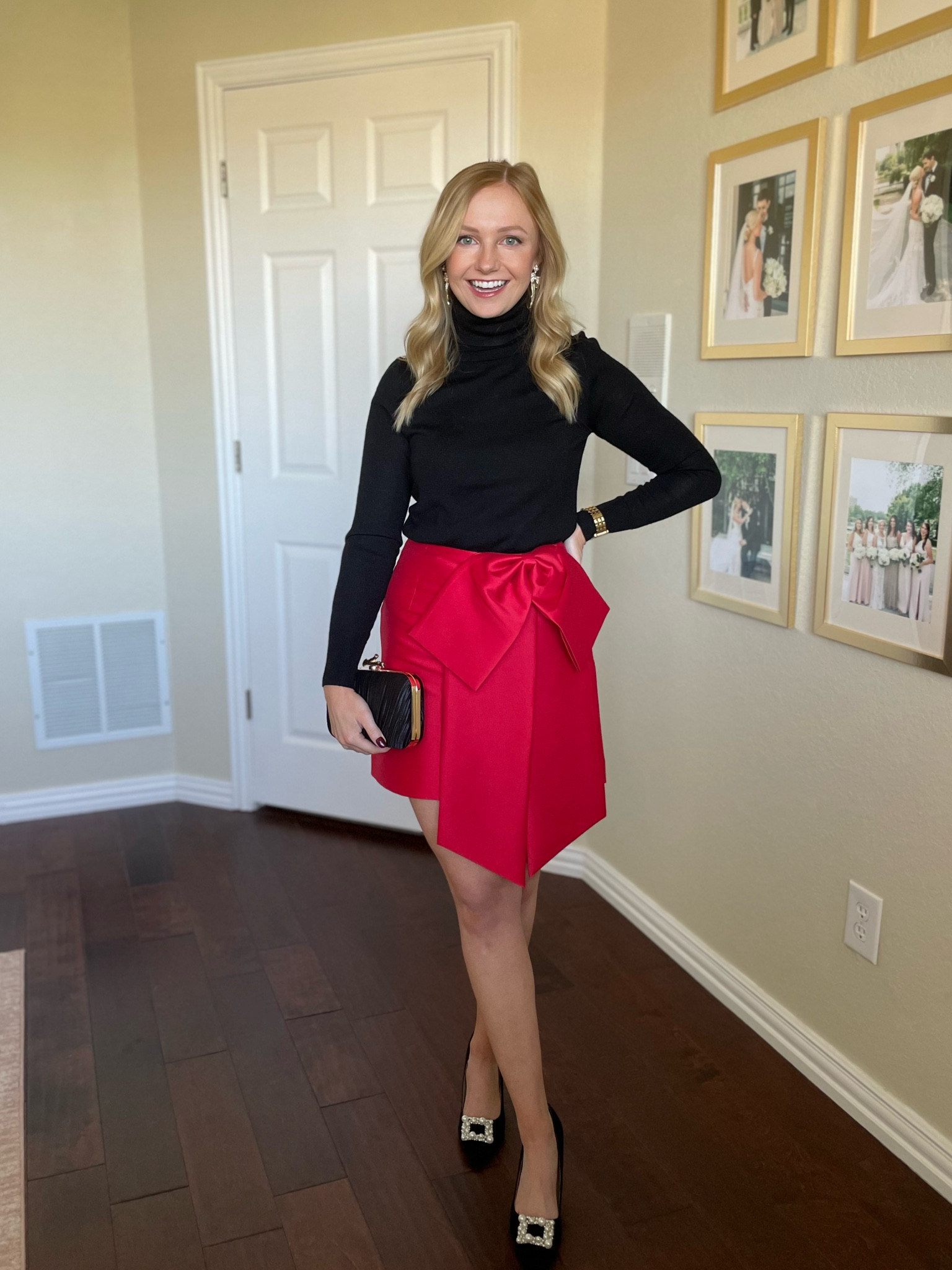 Wearing a 0 in skirt and XS in top | holiday outfit, holiday party outfit, red skirt, bow skirt 

#LTKSeasonal #LTKStyleTip #LTKHoliday