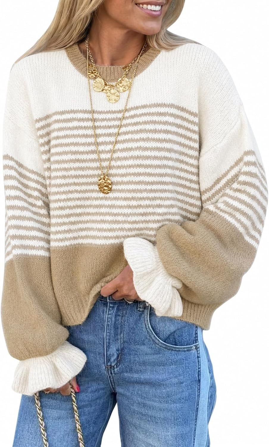 Saodimallsu Womens Striped Ruffle Sleeve Pullover Sweaters 2026 Fall Trendy Slouchy Color Block Preppy Sweater Tops | Amazon (US)