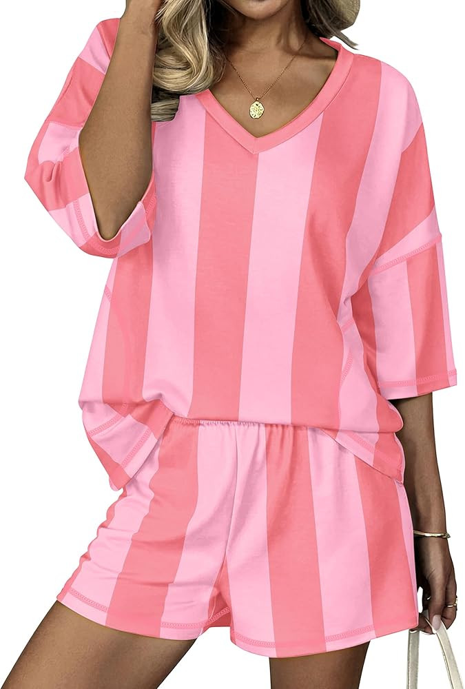 Ekouaer Two Piece Sets for Women Summer Lounge Sets 2026 Striped Shirts and Shorts Set Oversized ... | Amazon (US)