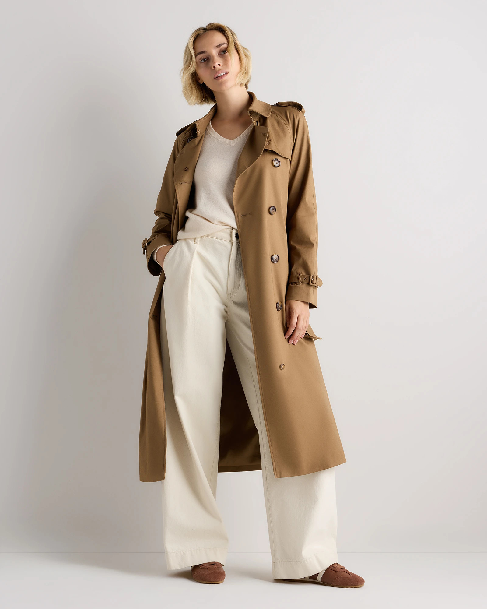 Quince | Women's Comfort Stretch Long Trench Coat in Midnight Black, Size XL, Organic Cotton | Quince