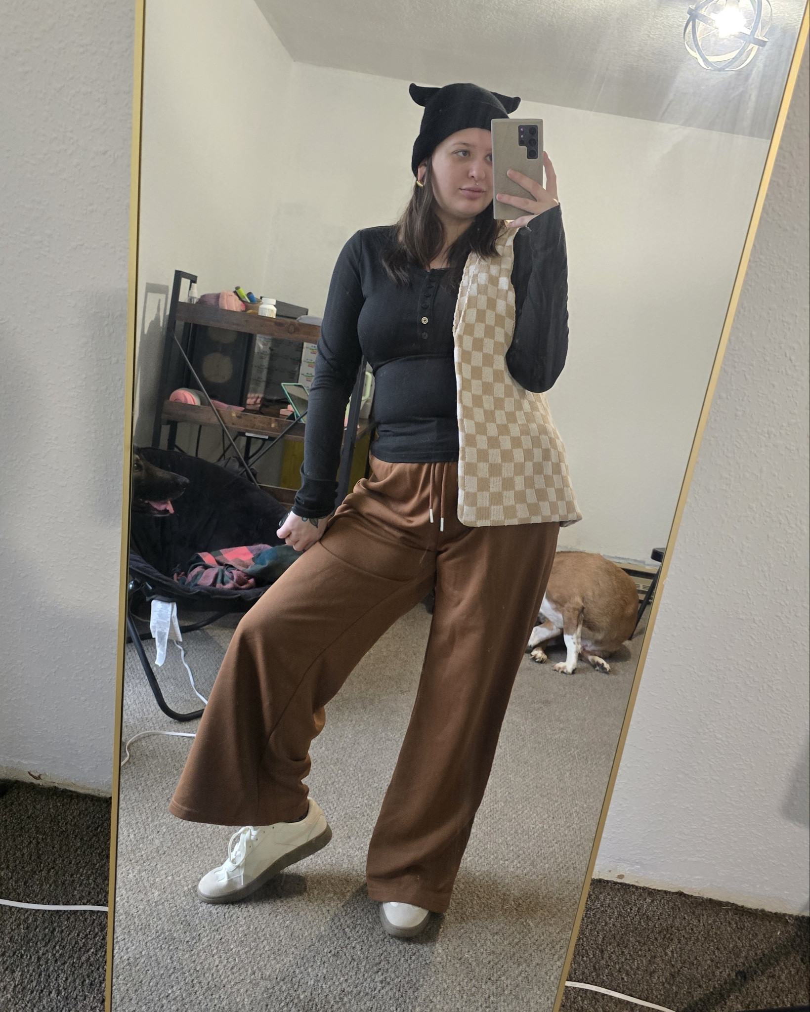 Black long sleeve shirt, camel brown sweats, cream and beige checkered tote bag and some neutral reeboks for my Friday at work. 

#LTKStyleTip #LTKFindsUnder50 #LTKSeasonal