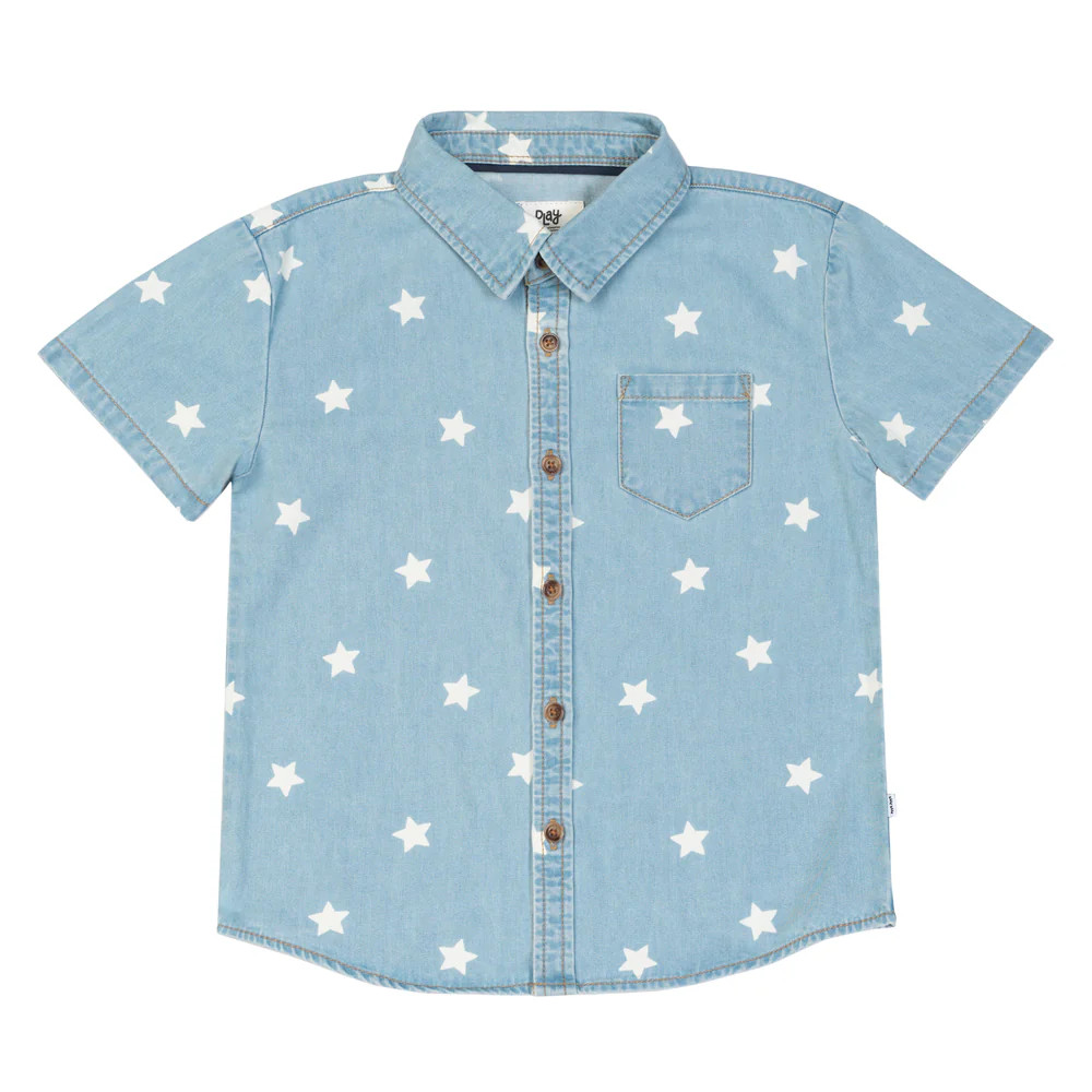 Denim Stars Button Down Polo | Little Sleepies