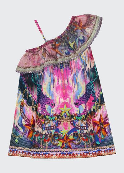 Girl's Printed One-Shoulder Ruffle Dress, Size 4-10