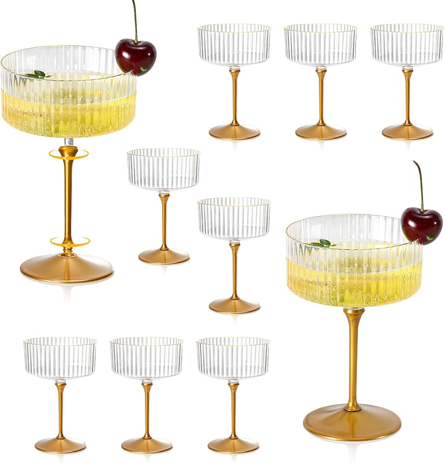 12 Pcs Detachable Martini Glasses 10oz Plastic Clear Ribbed Coupe Glasses Gold Rim With Gold Stem... | Amazon (US)