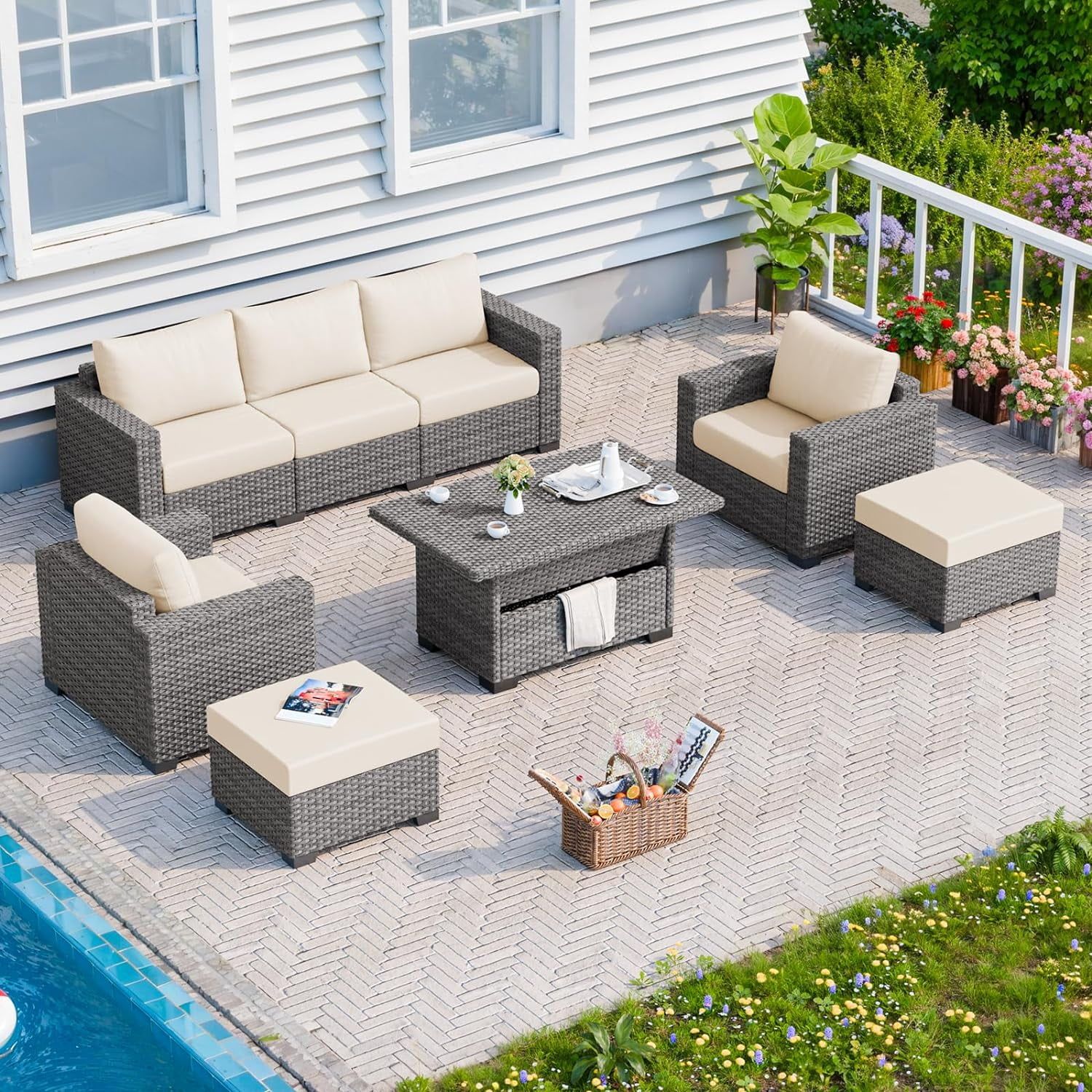 CDCASA Patio Furniture Set with Outdoor Storage Table, 6 Piece 5 Seats Comfortable Wicker Rattan ... | Walmart (US)