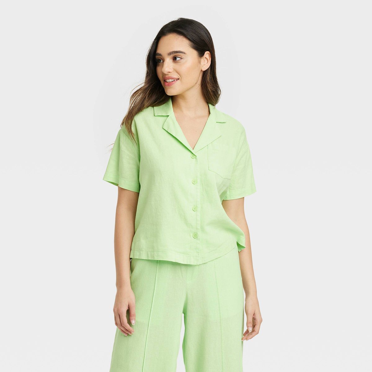 Women's Linen Short Sleeve Button-Down Camp Shirt - A New Day™ Green M | Target